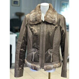 Womens Cache Leather Fur Jacket with zippered pockets Size 12 Brown